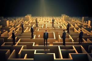 Navigating business challenges depicted by professionals at a 3D maze intersection photo