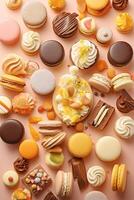 Global dessert medley a captivating flat-lay of tiramisu macarons and baklava photo