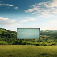 Rural tranquility featuring a blank billboard frame against rolling hills, untapped advertising potential AI Generative photo