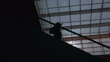 A silhouette of a man moving down on an escalator video