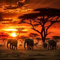 Stunning African safari scene at sunset with elephants, giraffes, and zebras under a fiery sky AI Generative photo