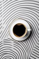 Aerial View of Steaming Coffee Cup on Geometrically Patterned Surface with Ample Copy Space AI Generative photo