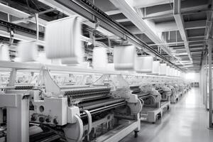 Modern textile factory with automated looms weaving patterns photo
