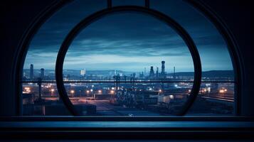 Overlooking a bustling manufacturing plant through a circular window photo