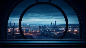 Overlooking a bustling manufacturing plant through a circular window AI Generative photo