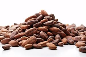 Ethereal Close-up of Cocoa Beans Against Crisp White Background with Left Copyspace AI Generative photo