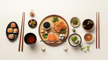 Top view of a simple Asian meal ramen dumplings and sushi illustrating diverse flavors photo