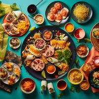 An international feast from above, a unifying spread of sushi, pasta, and tacos on a vibrant tablecloth AI Generative photo