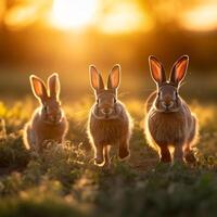 A family of wild rabbits enjoying the golden-hour view in a grassy field photo