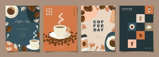 conjunto de bosquejo pancartas con café frijoles y hojas en vistoso antecedentes para póster o otro modelo diseño. vector ilustración.