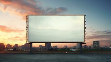 Vibrant sunset forming a fiery backdrop for a blank billboard frame, perfect for bold advertising AI Generative photo