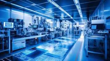 Clean-room environment in a microchip production under blue light photo