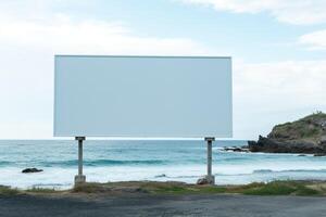 sorprendentes imagen de un blanco cartelera marco en un solitario playa, interminable publicidad posibilidades ai generativo foto