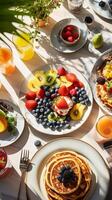 Inviting communal breakfast setting, photographed from above, illuminating the joy of sharing meals in the morning light AI Generative photo