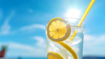 Bright Summer Image of Iced Lemonade in Glass with Lemon Slice and Straw photo