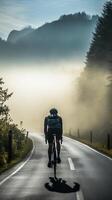 un temprano Mañana paseo - el del ciclista aventuras mediante un montaña pasar ai generativo foto