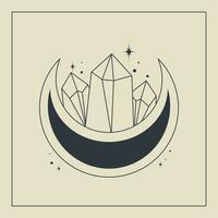 Line art crystal, magical healing concept with moon esoteric elements. vector