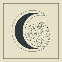 Line art healing crystal concept with moon esoteric elements. vector