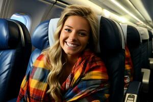 Stewardess gives cozy plaid to passengers photo