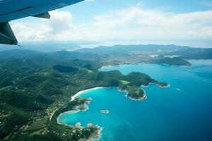 Aerial view from the plane to tropical country photo