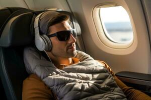 hombre es dormido en el avión en dormir máscara foto