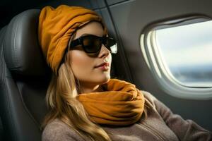 Woman is sleeping in the plane in sleep mask photo