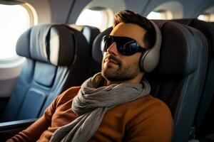 hombre es dormido en el avión en dormir máscara foto