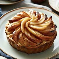 Upside down puff pastry apple tart on a breakfast plate. AI Generative photo