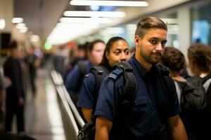 Airport security personnel efficiently managed the long lines during peak travel hours photo