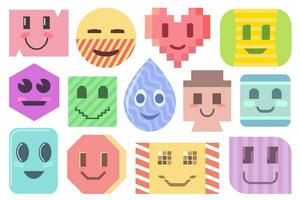 Geometric objects and symbols with faces. Doodle cartoon geometric forms in different color. vector