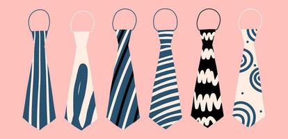 Various men's ties with different abstract tassel patterns. Creative clothing accessories Vector hand drawn illustration