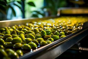 Machinery extracting oil from pressed green olives organic food production background with empty space for text photo