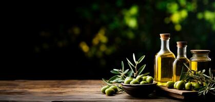 Bottled organic olive oil arranged artistically fresh harvest in the background with empty space for text photo