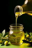 Hand pouring organic olive oil into a glass bottle isolated on a green gradient background photo