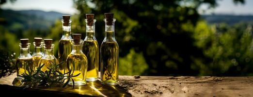 Bottled organic olive oil arranged artistically fresh harvest in the background with empty space for text photo