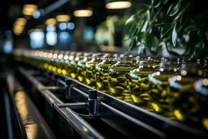 Modern assembly line ensuring rigorous quality control in olive oil production and packaging photo