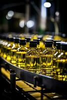 Industrial conveyor belt with olive oil bottles modern packaging process background with empty space for text photo