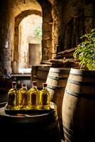 Barrels storing olive oil in cool cellar stone walls background with empty space for text photo