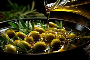 Close up of fresh olives being pressed glistening oil background with empty space for text photo