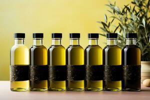 Artisan hand applying labels to olive oil bottles isolated on a pastel gradient background photo