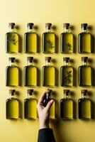 Artisan hand applying labels to olive oil bottles isolated on a pastel gradient background photo