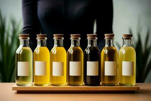 Artisan hand applying labels to olive oil bottles isolated on a pastel gradient background photo