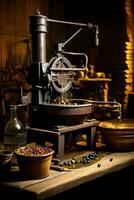 Antique olive oil press in a rustic mill isolated on a warm gradient background photo