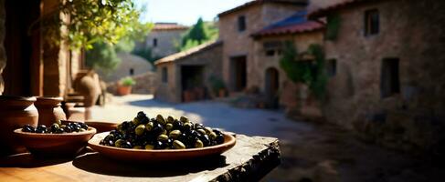 Rustic mill grinding olives traditional oil extraction process background with empty space for text photo