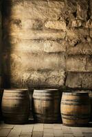 Barrels storing olive oil in cool cellar stone walls background with empty space for text photo