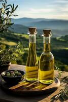 Bottled organic olive oil arranged artistically fresh harvest in the background with empty space for text photo