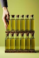 Artisan hand applying labels to olive oil bottles isolated on a pastel gradient background photo