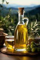 Bottled organic olive oil arranged artistically fresh harvest in the background with empty space for text photo
