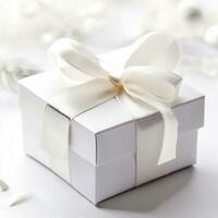 White gift box with ribbon on christmas themed white background. AI Generative photo