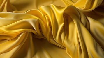 un amarillo seda paño es cubierto terminado un mesa con suave ligero en él, dorado amarillo tela antecedentes. generativo ai foto